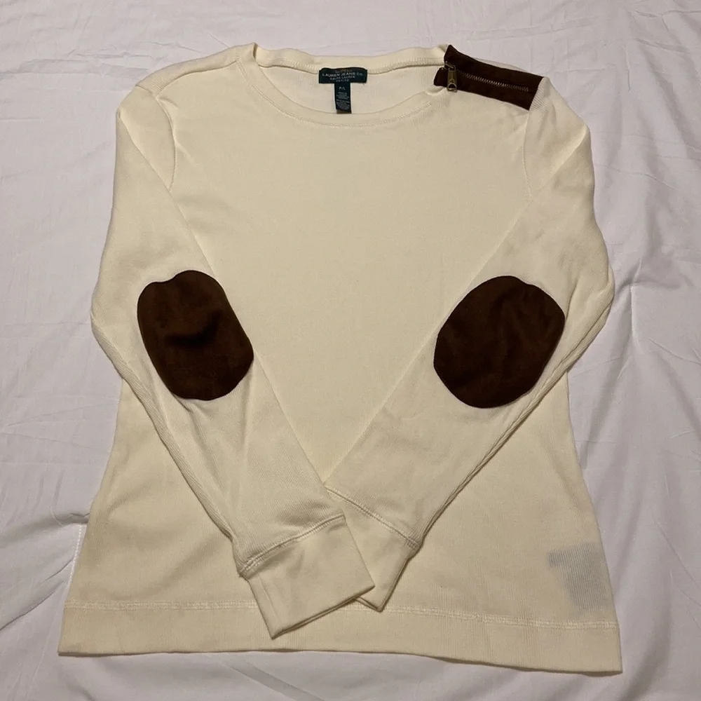 Ralph Lauren VTG LSleeve Pullover Ivory & Brown Elbow Patches, Zipper SZ P/L, EC - Picture 1 of 12